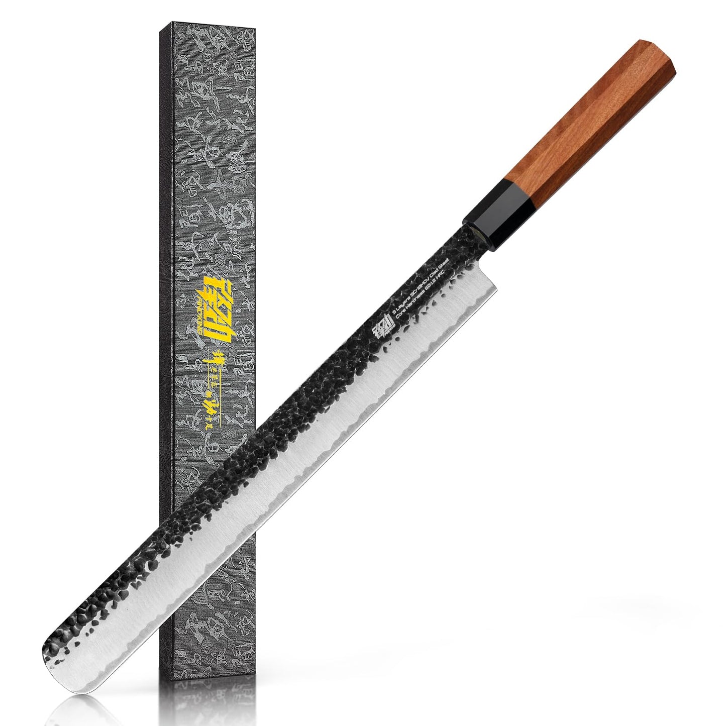 FINDKING Serbian Chef Knife with Leather Sheath, 6.5 Inch High Carbon Steel Cleaver Knife, Hammered Blade, Octagonal Handle, for Meat, Vegetables, Poultry and Light Bones, Dynasty Series
