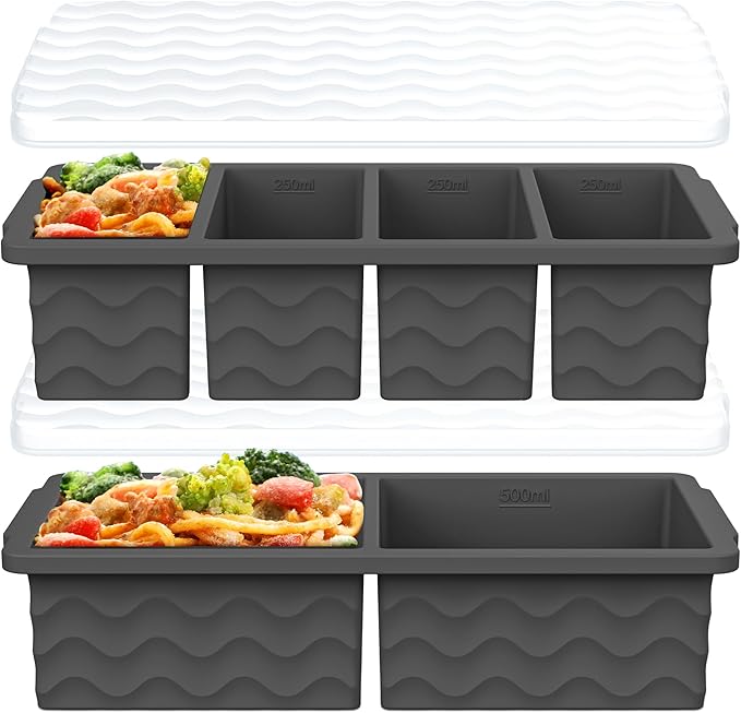 Silicone Freezer Trays with Lid for Soup, 1-Cup & 2-Cup Large Ice Cube Molds Food Storage Containers for Meal Prep, Freeze 500mL/250mL/125mL Portions – 2 Pack