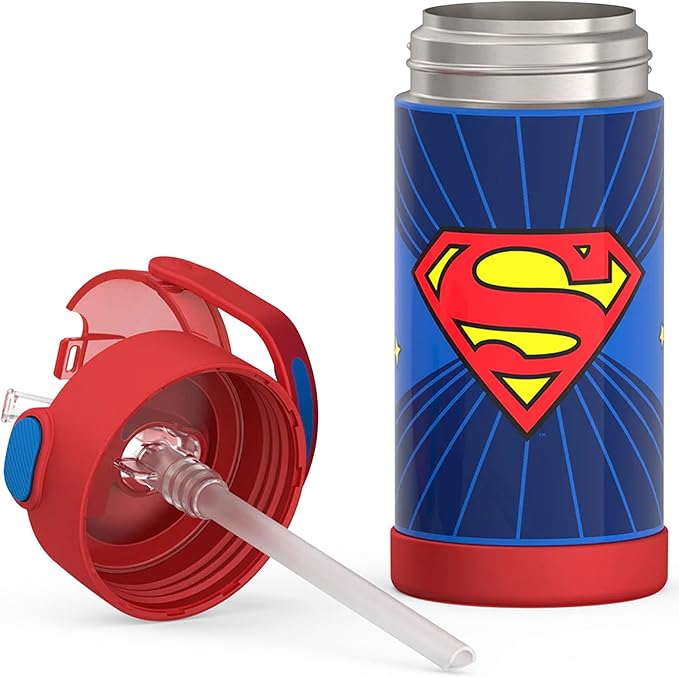 THERMOS FUNTAINER Water Bottle with Straw - 12 Ounce - Kids Stainless Steel Vacuum Insulated Water Bottle with Lid, Superman
