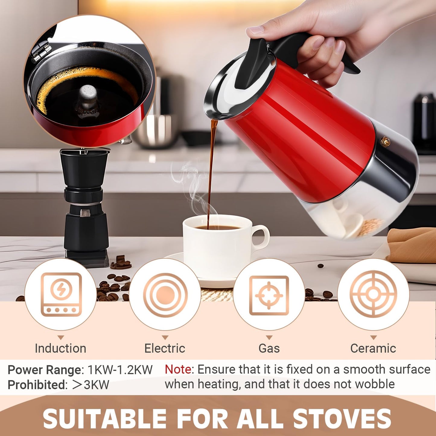 Suiitat 4 Cup Stainless Steel Moka Pot, 200ml Stovetop Espresso Maker, Red
