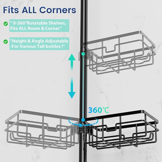 Corner Shower Caddy Organizer Tension Pole, Adjustable 6 Shower Shelves Corner Shelf 30-120Inch Rustproof Shower Rack for Inside Shower, Extra Towel Bar Soap Dish Bathroom Organizers and Storage Black