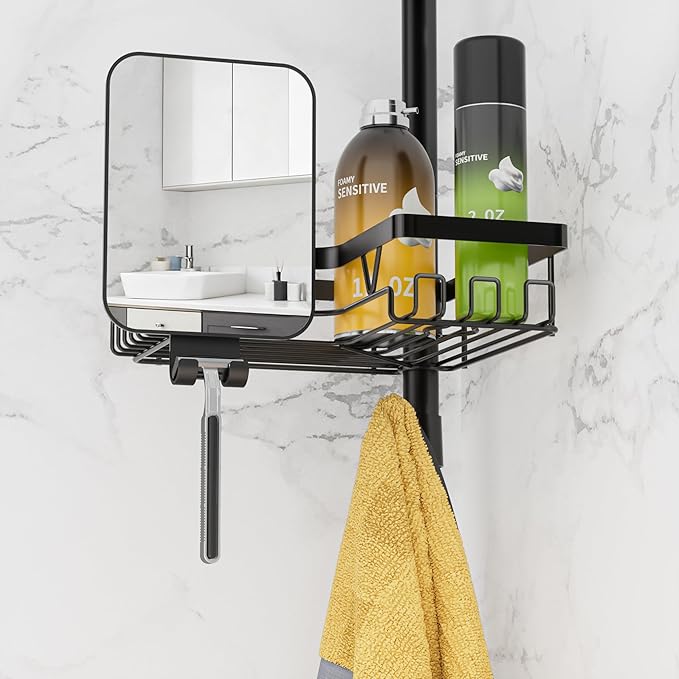 Shower Caddy Tension Pole with Anti-Fog Shaving Mirror, Tension Rod Shower Caddy Corner for Bathroom Organizer, Black