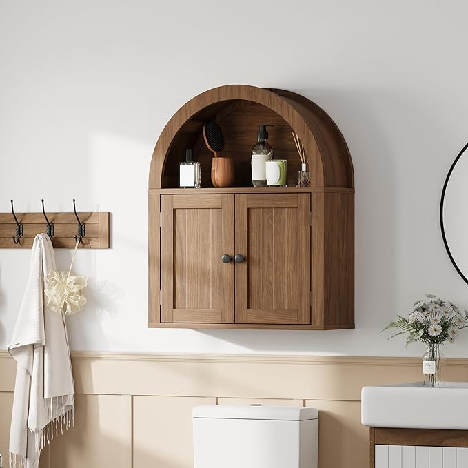 ChooChoo Arched Wall Cabinet, Bathroom Cabinet Wall Mount Over The Toilet with Display Shelf, Double Door Medicine Cabinet, Wooden Storage Cabinet for Kitchen, Living Room or Entryway, Walnut