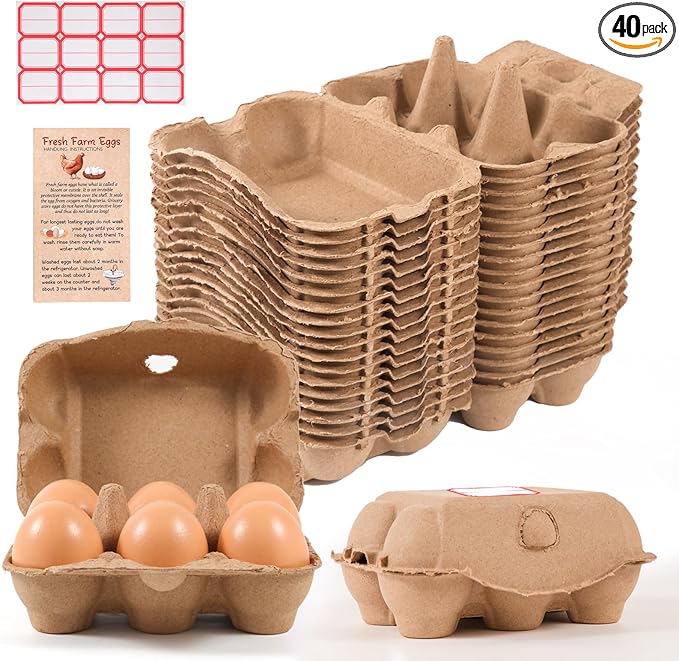 40 Pack Half Dozen Egg Cartons Bulk 6 Count, Empty Natural Paper Pulp Egg Cartons Reusable, Strong Sturdy Design Made from Natural Cardboard.