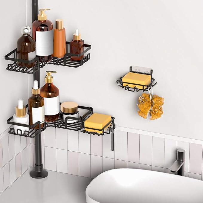 Tension Pole Shower Caddy 5x Stability, Adjustable Floor to Ceiling Shower Organizer, Standing Shower Tension Rod Shelves, 4 Tier Storage Shelves with 2 Soap Holders/Hanging or Adhesive, 25in-114in