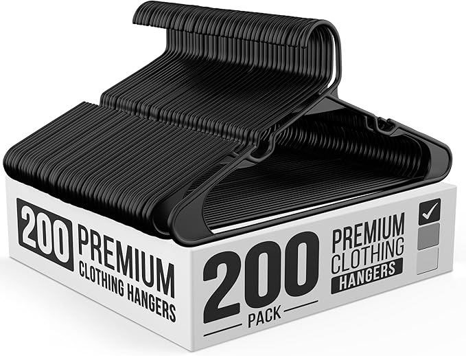 200 Pack Plastic Hanger for Shirt Pants Coats Dresses Skirts Suits Jackets - Standard Thick Coat Hanger - Sturdy & Durable Design with Shoulder Grooves Hook - Black