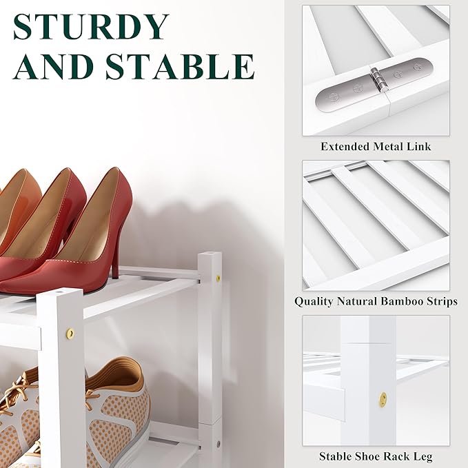 Smiry Shoe Rack, 4 Tier Long Bamboo Shoe Organizer, Stackable Free Standing Wooden Shoe Storage Shelf for Closet, Entryway, Front Door Entrance, White