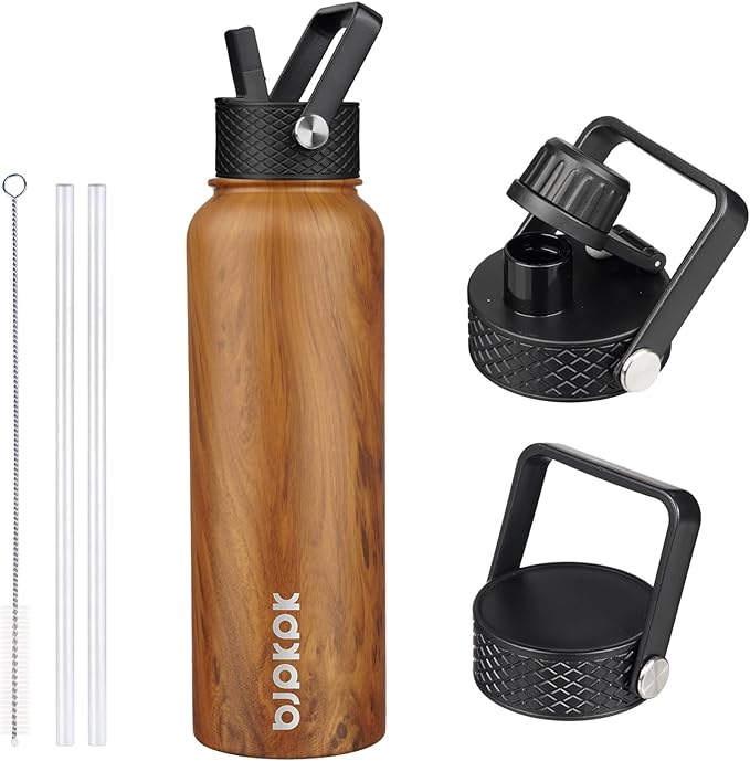BJPKPK Insulated Water Bottles with Straw Lid, 40oz Stainless Steel Water Bottles with 3 Lids, BPA Free Leakproof Thermo, Tumblers, Cups for Sports, Gym- Teakwood