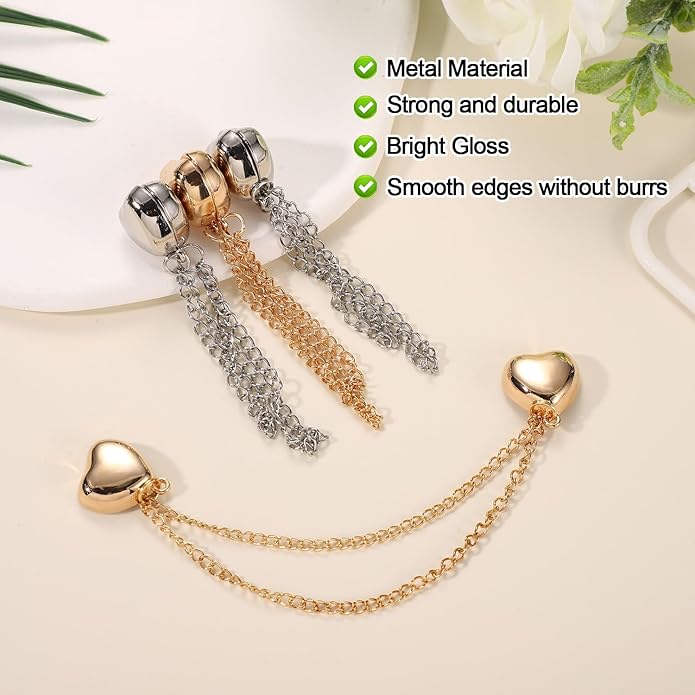 6pcs Magnetic Clothing Clips with Chain, Multi-Function Magnet Button Pins Hijab Cuff Clips for Fixing Hem of Clothes Long Pants Legs Sleeves of Shirts