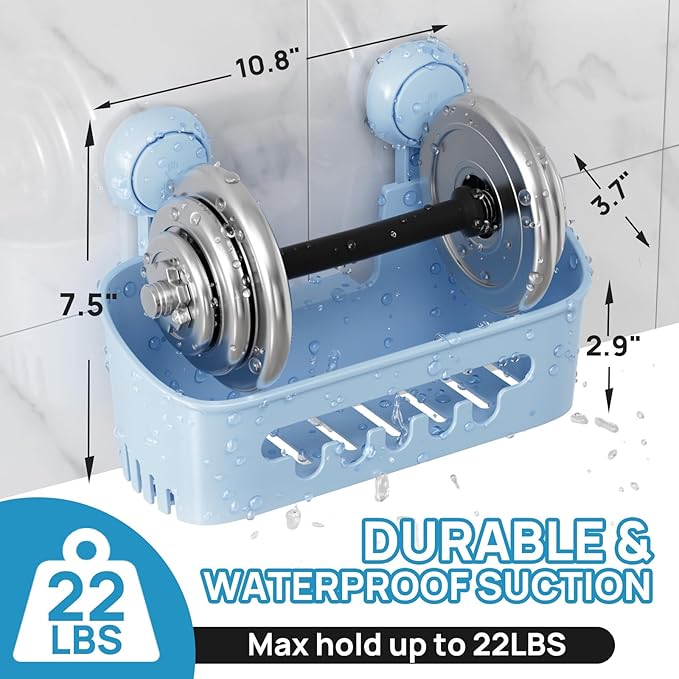 LEVERLOC Shower Caddy Suction Cup, Shower Organizer Removable Bathroom Shelf, Storage Suction Powerful Max Hold 22lbs Bathroom Caddy Waterproof Holder, Blue