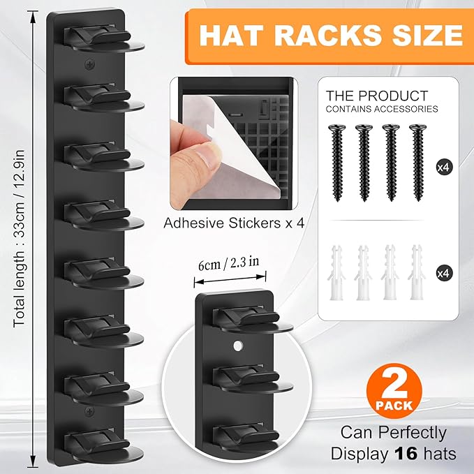 2 Pack Hat Organizer for Baseball Caps, Hat Rack for Wall Hold Up 16 Hats, Strong Adhesive & Screw-in Cap Holder hat hangers for Closet Door & Bedroom