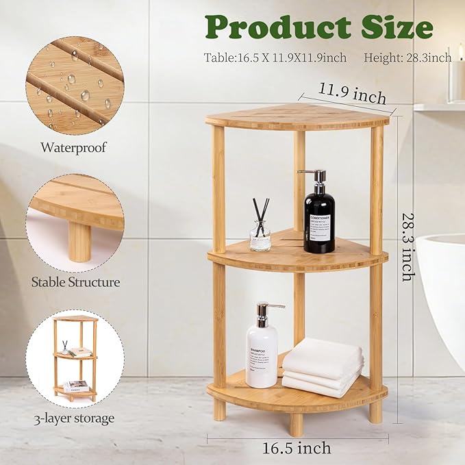 Corner Shower Caddy Stand, Bamboo Shower Organizer Standing with Anti-Slip Feet, Bathroom Corner Shelf,Waterproof & Durable, Space-Saving Design Storage for Kitchen or Living Room