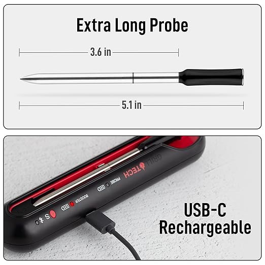 Grill Tech Smart Bluetooth Meat Thermometer Wireless Thermometer for Grilling and Smoking, Precision Accuracy, 950ft Range, USB-C Rechargeable Case, Grill Tech App for Grilling
