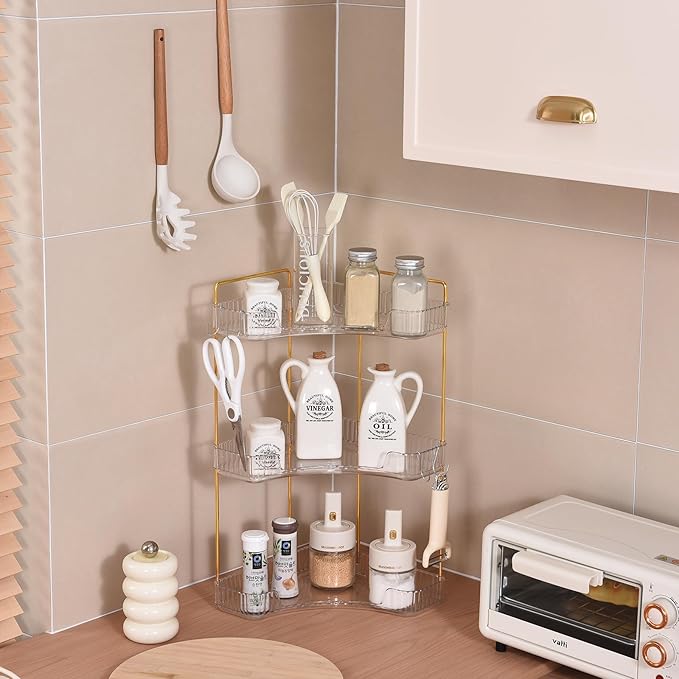 3-Tier Corner Bathroom Organizer Countertop with Hooks, Bathroom Sink Corner Vanity Storage for Makeup, Skincare and Perfume (White Gold)