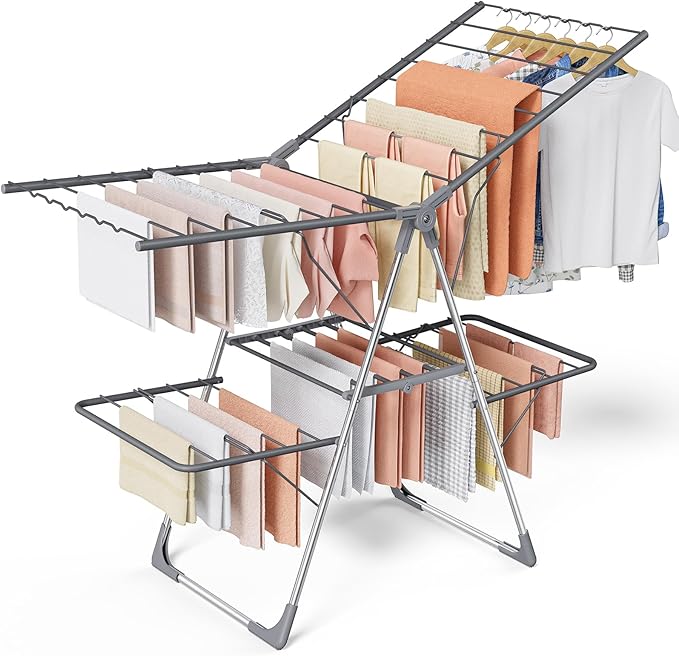 Clothes Drying Rack, Foldable 2-Level Laundry Drying Rack with Height-Adjustable Wings, for Clothing & Bedding, Free-Standing Space-Saving Rack, Indoor & Outdoor, 55.5" L × 22.8" W, Gray