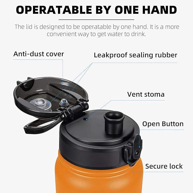 Fanhaw 32 oz Insulated Stainless Steel Water Bottle with Anti-Dust Chug Lid, Leakproof Vacuum Sports Bottle for Men & Women (Yellow Orange)