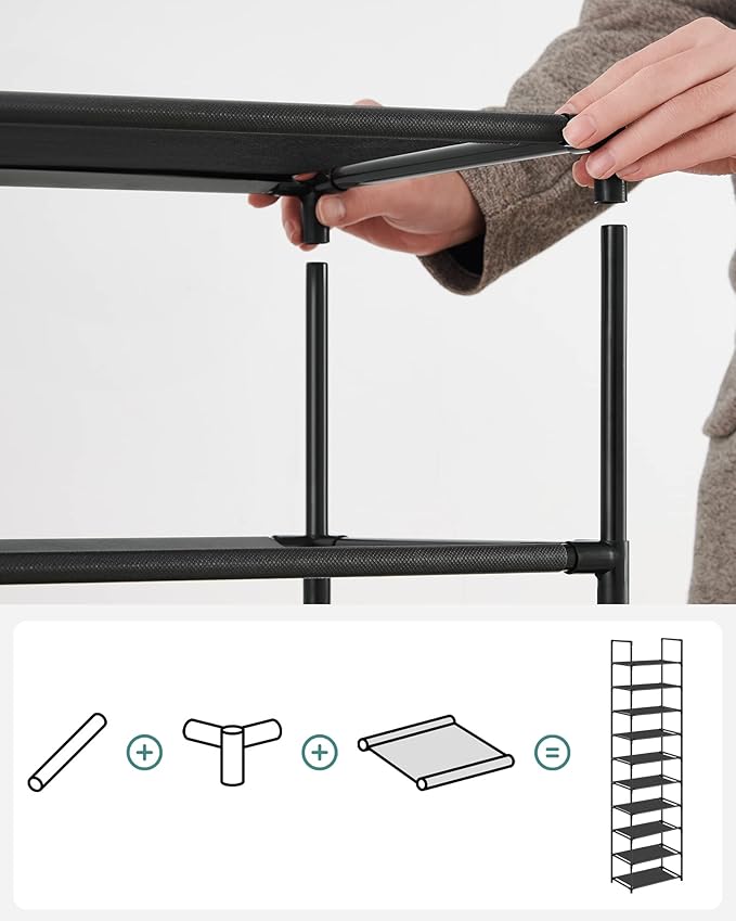 SONGMICS Shoe Rack, 10-Tier Shoe Storage Organizer, Space-Saving, 11 x 32.7 x 62.6 Inches, Entryway, Metal Frame, Non-Woven Fabric Shelves, Ink Black ULSR210B02