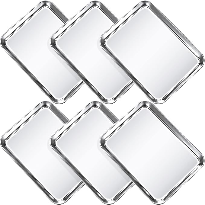 Potchen 12 Pcs Baking Sheet Pan Set Stainless Steel Cookie Sheet Small Toaster Oven Pans Tray Barbecue Grill Pan Rectangle Trays Oven Freezer Bakery, Non-stick, Easy Clean, 9 x 6.7 x 1 Inches
