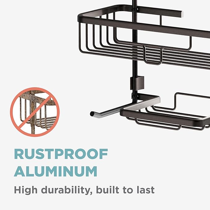 Zenna Home Rustproof Hanging Shower Caddy, Over the Shower Head Caddy with 2 Shelves and Built In Hooks, Aluminum Bathroom Hanging Organizer, Bronze