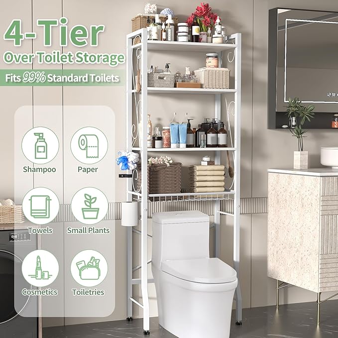 Over-The-Toilet Storage Rack 4-Tier,Bathroom Organizer Shelf Over Toilet,Adjustable Wooden Shelves and Basket,Freestanding Above Toilet Shelve,Space Saver for Rooms(White Rack-White Shelves)