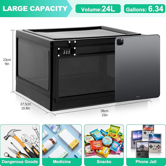 Large Medicine Lock Box with Dual 3-Digit Combination Locks, 24L Lockable Storage Box for Medication, Snacks, Phone, and Electronics - BPA-Free Organizer Bin for Home, Office, Fridge, and Safety