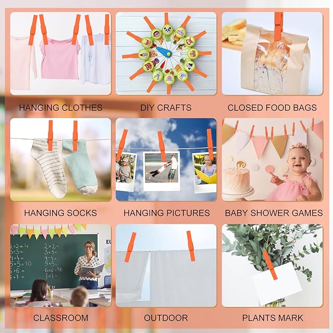 Phinus 72 Pcs Wooden Clothes Pins, 2.9 Inch Clothes Pins for Hanging Clothes, Pictures, Photos, Classroom, Crafts, Decoration, Clothespins Heavy Duty (Orange)