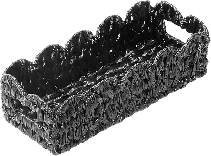 Black Toilet Basket,Scalloped Wicker Basket for Toilet Paper Storage,Small Slim Storage Baskets for Shelf,Bedroom,Living Room,Rectangle