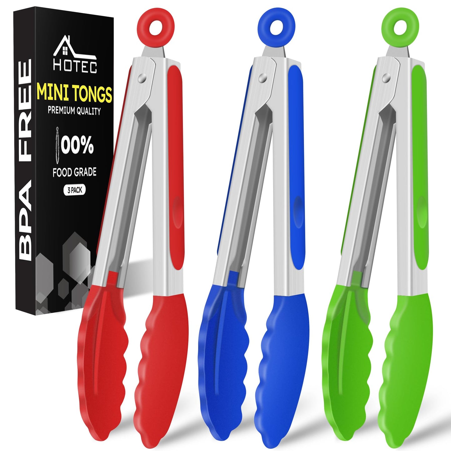 Hotec 7-Inch Mini Silicone Kitchen Tongs, Heat Resistant Non-Stick Small Serving Tongs with Silicone Tips, Food Safe Cooking Tongs Set of 3 (Black, Grey, White)