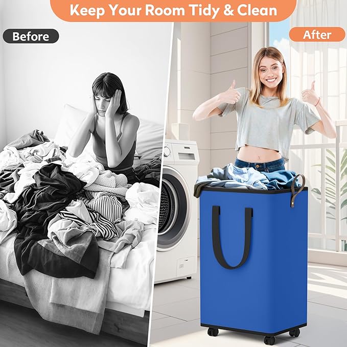 Laundry Basket with Wheels, Collapsible Laundry Baskets, Laundry Hamper with Handles Detachable Wheels, Rolling Laundry Basket, Dirty Clothes Hamper for Bathroom, Dorm, Bedroom, Blue, 80L
