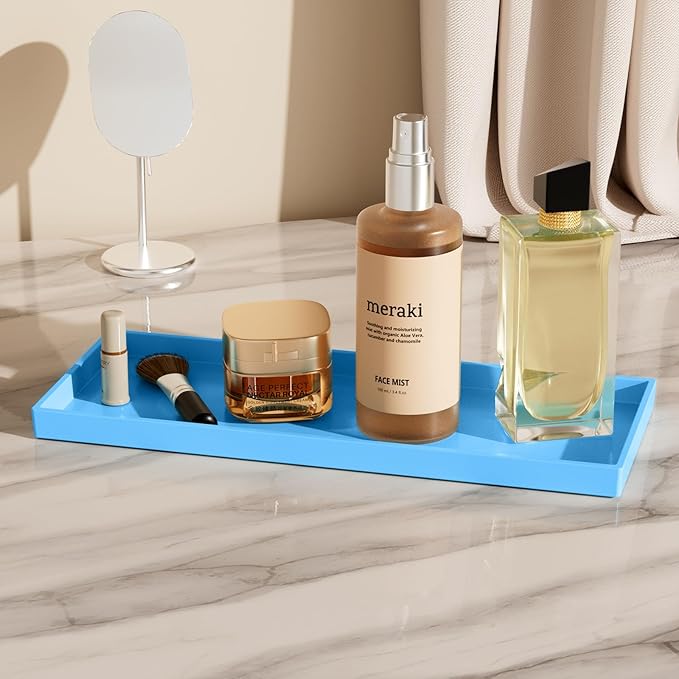 Vanity and Bathroom Tray, 15" ABS Countertop Organizer,Waterproof Vanity Tray for Toilet Tank,Perfume,Soap,Keys,Bathroom Accessories,Kitchen and Bath Trays,Non Slip Small Trays,Blue