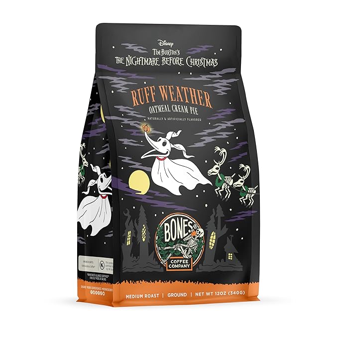 Bones Coffee Company The Nightmare Before Christmas Pumpkin King Flavored Coffee Beans, Whole Bean Coffee Medium Roast Low Acid, Pumpkin Pecan Praline Flavor (12 oz)
