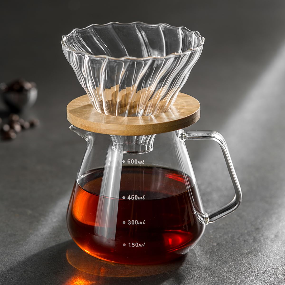 shoxil Pour Over Coffee Maker Set – Drip Coffee Pot with bamboo Handle, Glass Coffee Dripper & 100 Filters, 20oz/600ml Capacity