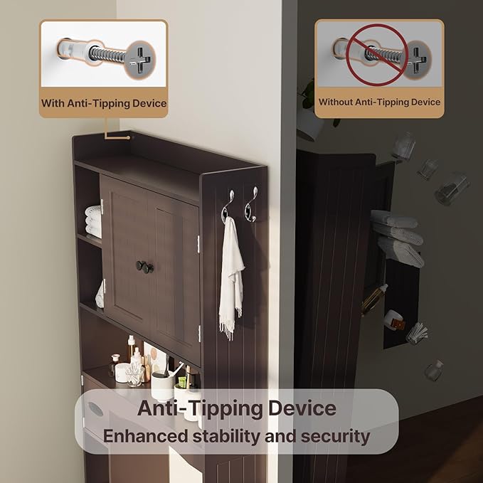 Gizoon Over The Toilet Storage Cabinet, 66''H Over Toilet Storage Cabinet, with Paper Holder, Adjustable Shelves, 2 Doors, Over Toilet Bathroom Organizer, 2 Side Hooks, Space-Saver, Dark Brown