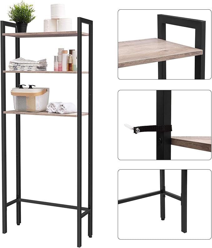 HOOBRO Over The Toilet Storage, 3-Tier Bathroom Organizer Shelf Over Toilet, Freestanding Bathroom Storage Shelves, Space Saver, Easy to Assemble for Room, Greige and Black BG41TS01