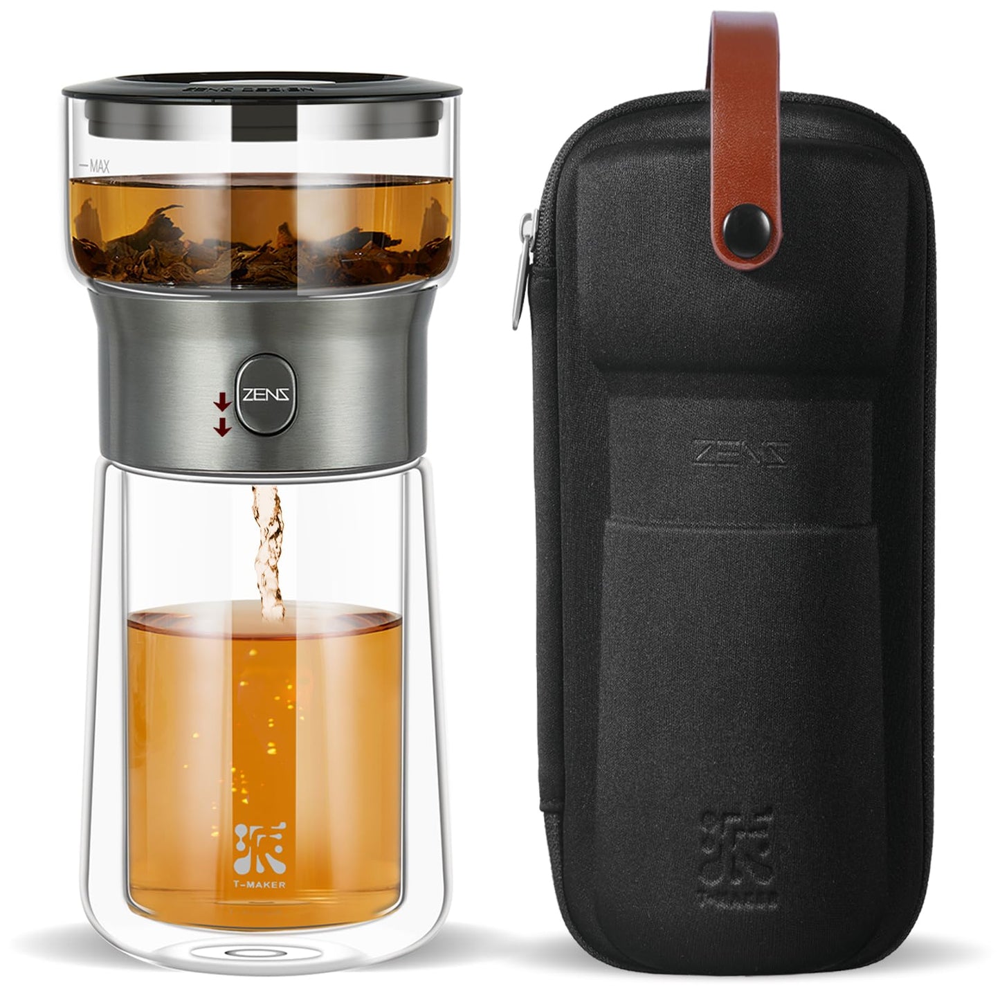 ZENS Glass Tea Infuser Pot, Modern One Touch Tea Maker for Tea Steeping