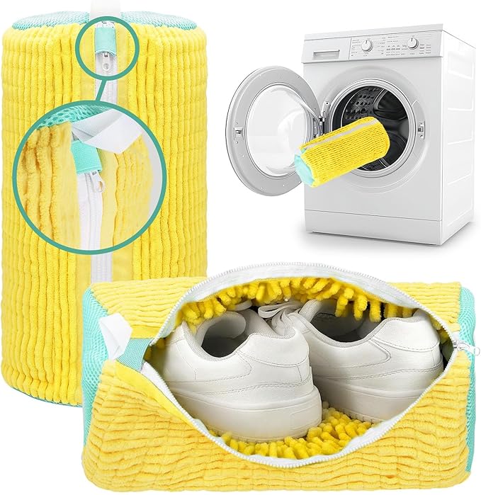Shoe Washing Machine Bag - 2pcs - Laundry Shoe Bag for Washer and Dryer - 2pc Reusable Sneaker Cleaning Sack for All type of Tennis - Reinforced Zipper, 360° Deep Cleaning (Yellow)