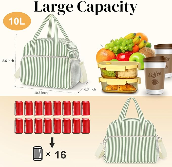 Coobiiya 12L Insulated Lunch Bag for Women & Men, Reusable Corduroy Lunch Tote, Large-Capacity Lunch Box with Leak-Resistant Liner