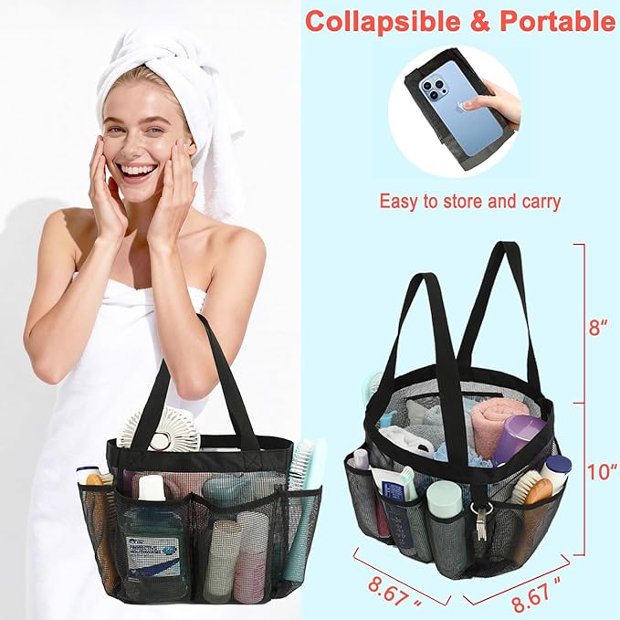 Mesh Shower Caddy Portable for College Dorm Room Essentials, 8-Pocket Large Shower Basket Tote Bag with 2 Handles for Toiletry, Bathroom, Beach, Camp, Gym | Portable, Quick-Dry, 2 Handles