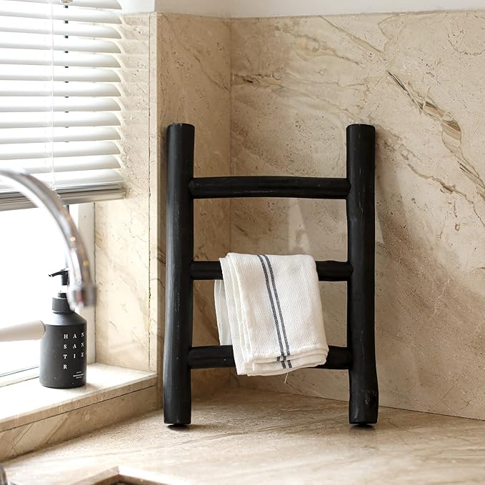 FUIN Fully Assembled Wooden Tea Towel Ladder, Mini Ladder Towel Rack Display Hanger, Small Rustic Farmhouse Tea Towel Stand Holder for Country Bathroom Decor, Black