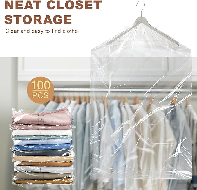 100 Pack Clear Garment Bags for Clothes, Gretchin,(Set of 100, 60x90cm), Plastic Garment Bags Dry Cleaner Bags Plastic Clear Dry Cleaning Bags for Hanging Clothes Storage