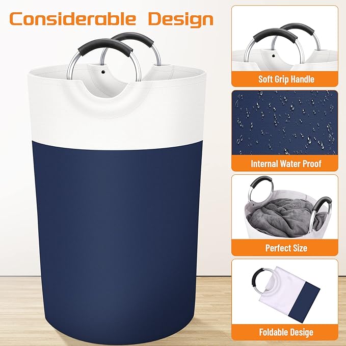 BlissTotes 115L Laundry Basket, Freestanding Laundry Hamper, Collapsible Dirty Clothes Hamper, Waterproof Fabric with Foam Protected Aluminum Handles for College, Dorm, Family (Blue)