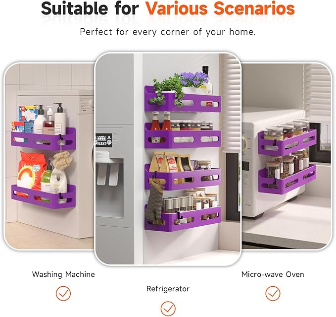 4 Pack Strong Magnetic Spice Rack for Refrigerator, Multipurpose Magnetic Shelf for Fridge with 4 Hooks for kitchen and Bathroom Organization, Purple