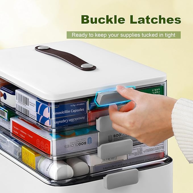MOPALL 4-Tier Medicine Organizer Storage Box, Portable Latch Bin with Lid and Leather Handle, Cabinet Closet Organization for Home Office, Pill Bottle, First Aid, Sewing, Art, Craft