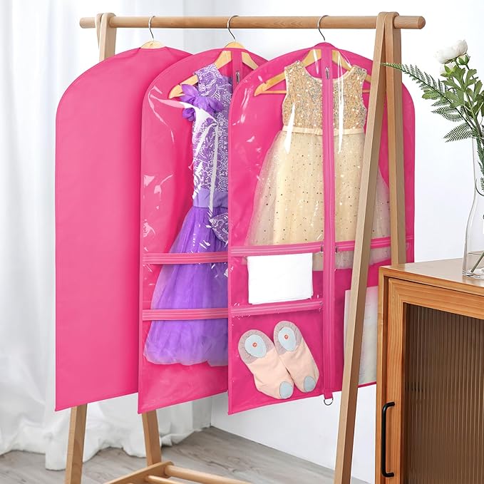 Univivi 40 Inch Clear Garment Bags for Dance Costumes, Kids Dance Costume Garment Bag for Hanging Clothes with 3 Medium Clear Zipper Pockets for Dance Costumes, Closet Storage(Rose Red)