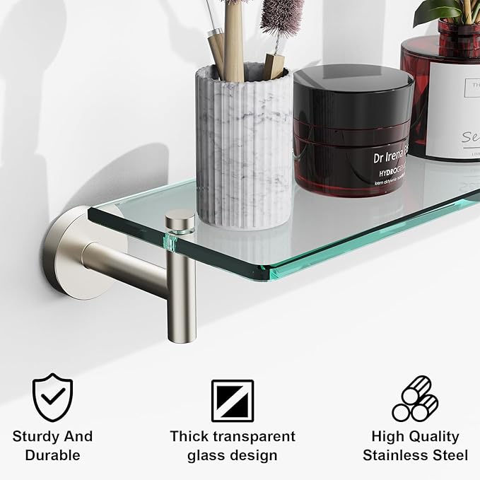 Glass Shelves for Bathroom,20-Inch Brushed Nickel Floating Bathroom Shelf Stainless Steel Tempered Glass Shelf Modern Shelves Wall Mounted