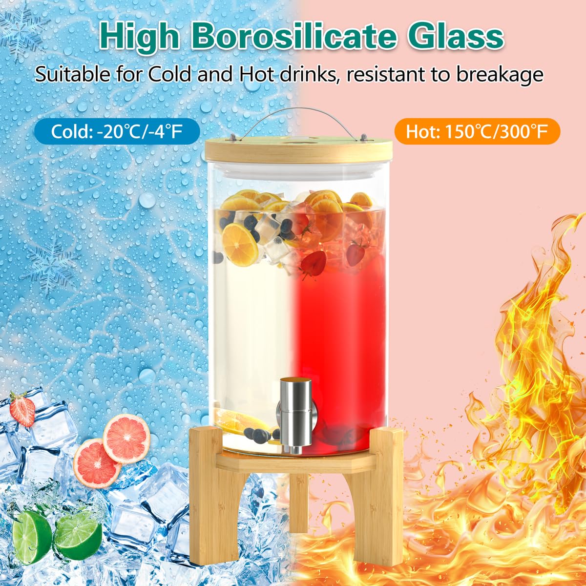 VOVUVK 1 Gallon Glass Drink Dispenser For Parties, Beverage Dispenser With Bamboo Wood Stand And Stainless Steel Spigot, Countertop Water Dispenser, Lemonade Dispenser For Wedding, Picnic (2PACK)