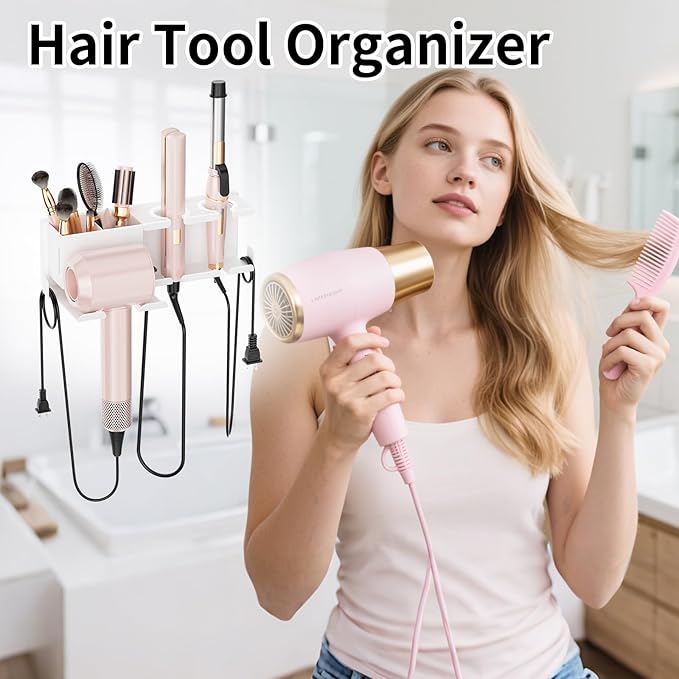 Hair Dryer Holder, Hair Tool Organizer, Blow Dryer Hanger Wall Mount for Dryer Hook, Bathroom Space-Saving Blow Dryer Organizer, Curling Irons Storage Wall Mounted White