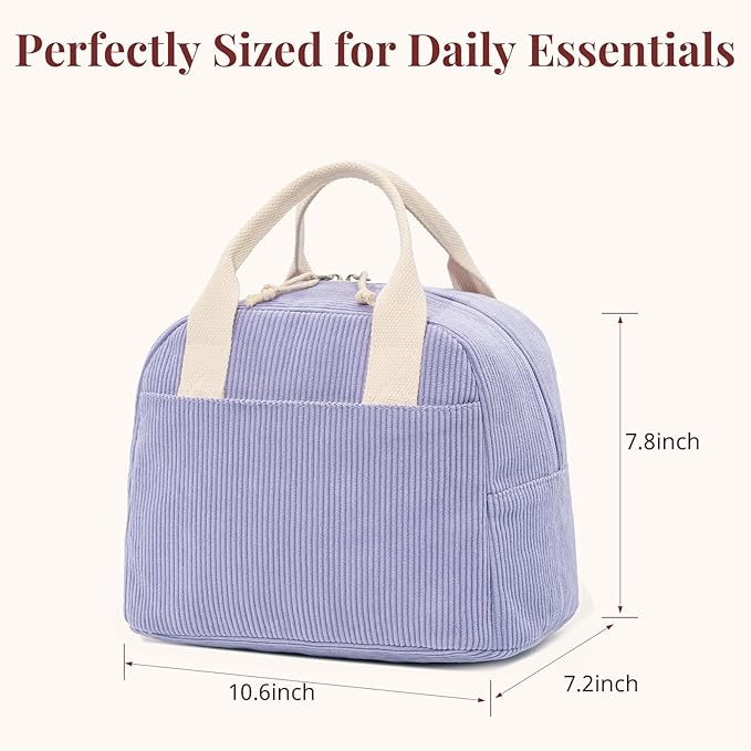 Insulated Purple Haze Lunch Bag for Women, Stylish Corduroy Tote with Aluminum Lining, Large Capacity Reusable Cooler for Work, Travel, or Beach, Beige Cream Water-Resistant Lunch Box