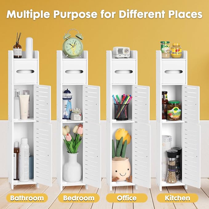 ShellKingdom Toilet Paper Holder Stand, Small Bathroom Storage Cabinet with Doors and Shelves, Slim Storage Cabinet for Bathroom Small Spaces Corner Floor - White
