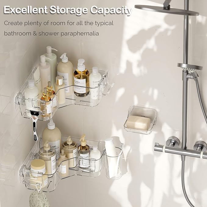 UDD Corner Shower Caddy, Clear Shower Organizer Bathroom Storage Rack with Soap Dish Hook and Hanging Cup, Adhesive Wall Shower Shelves for Bathtub Dorm, 4 Pack
